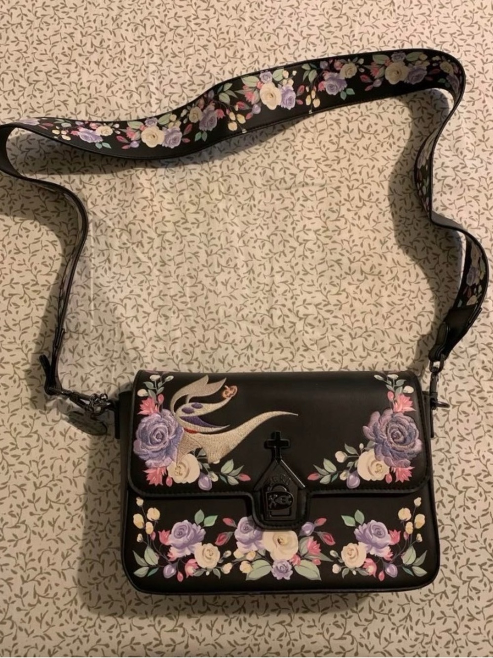 Disney Black Floral Embroidered Crossbody Bag with Lavender and Cream Accents